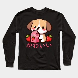 Kawaii Dog Drinking Strawberry Milk Long Sleeve T-Shirt